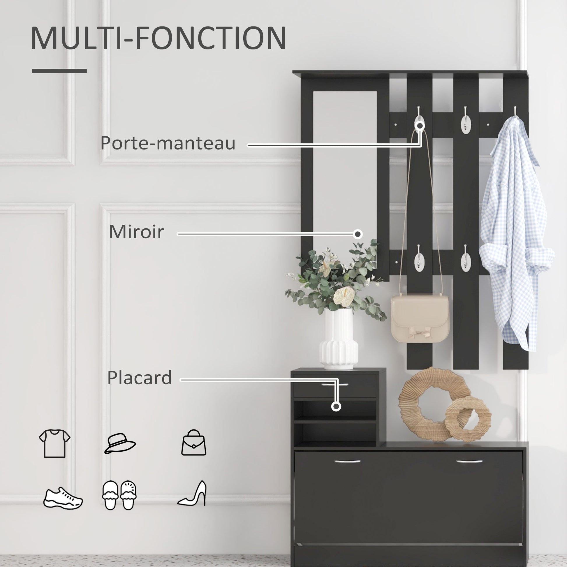 Ensembles 3 en 1 de meuble d'entrée vestiaire avec panneau porte-manteau, miroir et banc à chaussures noir