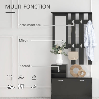 Ensembles 3 en 1 de meuble d'entrée vestiaire avec panneau porte-manteau, miroir et banc à chaussures noir