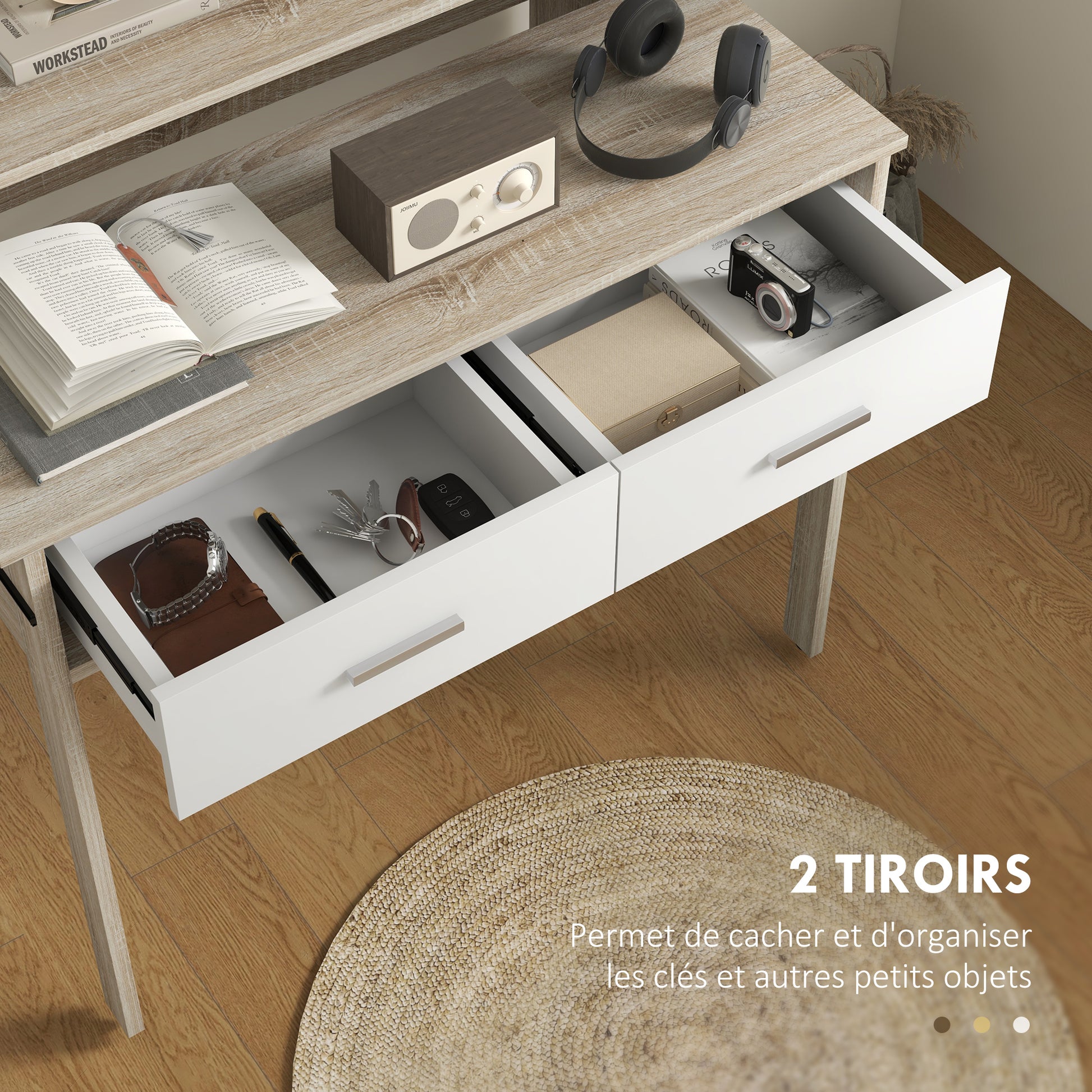 Table console avec plateau coulissant et 2 tiroirs, table de couloir avec rangement, 95l x 35P x 87H cm, aspect chêne