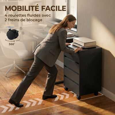 Caisson de bureau rangement bureau sur roulettes 4 tiroirs coulissants en bois aspect bois noir