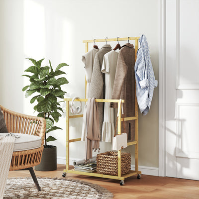 Portant à vêtements à roulettes, porte-manteau double barre en bambou avec étagère inférieure, 80x40x160cm, bois naturel