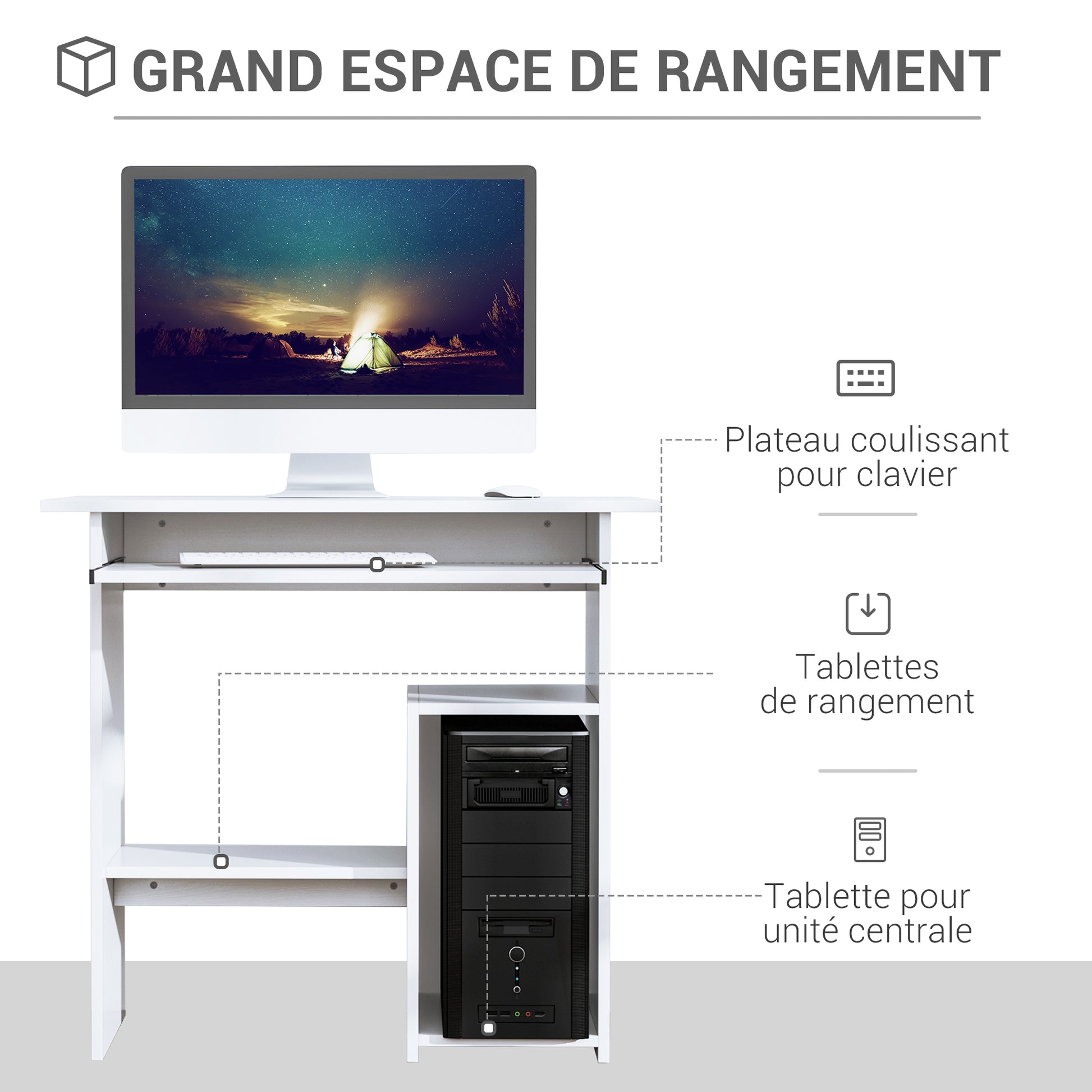 Bureau d'ordinateur, bureau avec rangement, plateau pour clavier et support de moniteur, 80 x 45 x 75 cm, blanc