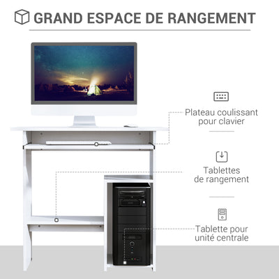 Bureau d'ordinateur, bureau avec rangement, plateau pour clavier et support de moniteur, 80 x 45 x 75 cm, blanc