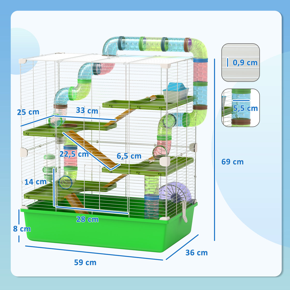 Grande cage pour hamsters cage pour rongeur 5 niveaux avec tunnels abreuvoir roue maisonnette échelles