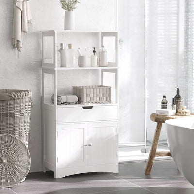 Meuble de Rangement Salle de Bain - 2 Portes, tiroir, 3 étagères - dim. 60L x 33l x 122H cm - MDF Blanc