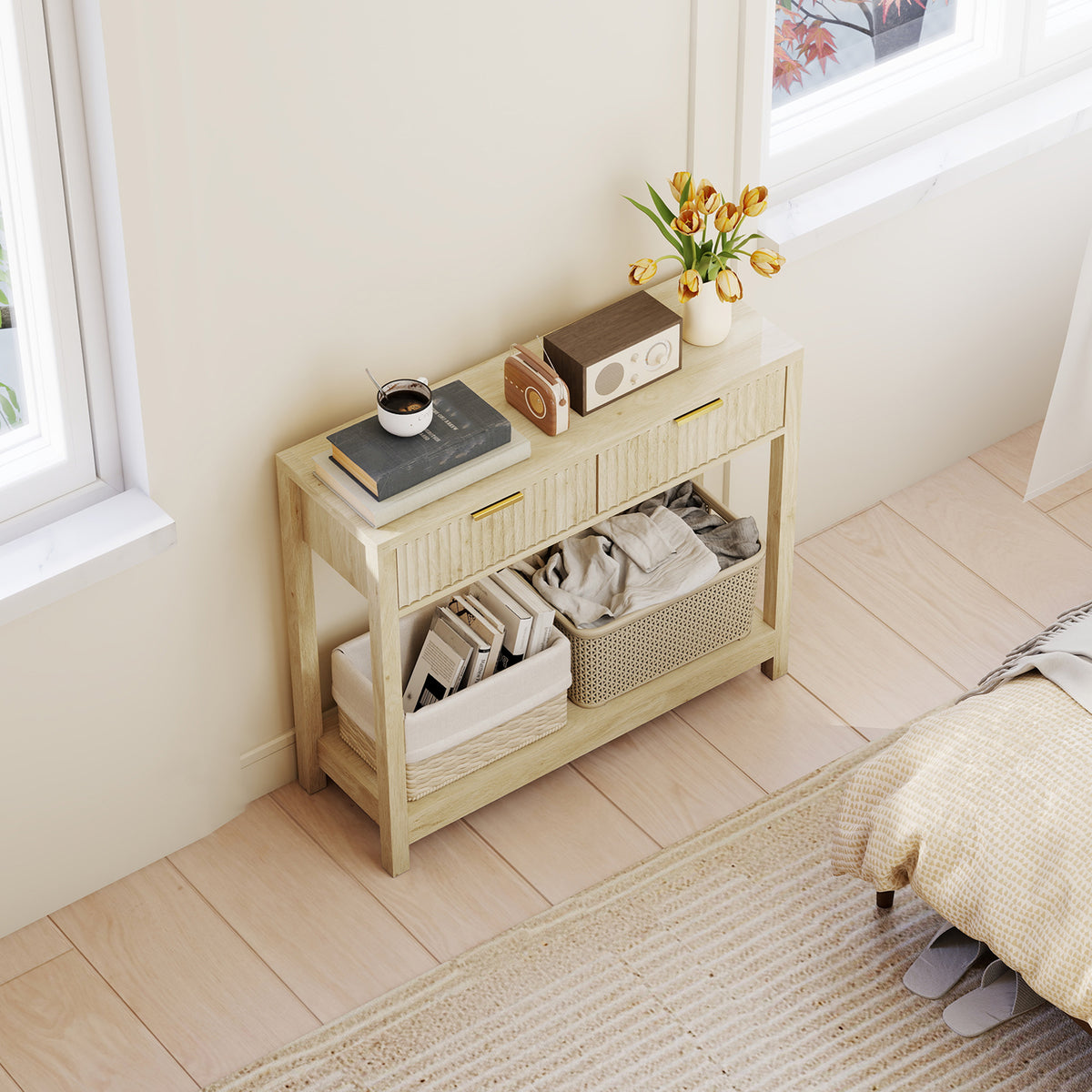 Console meuble 90 cm, table console étroite avec 2 tiroirs rainurés et étagère, style moderne, bois naturel