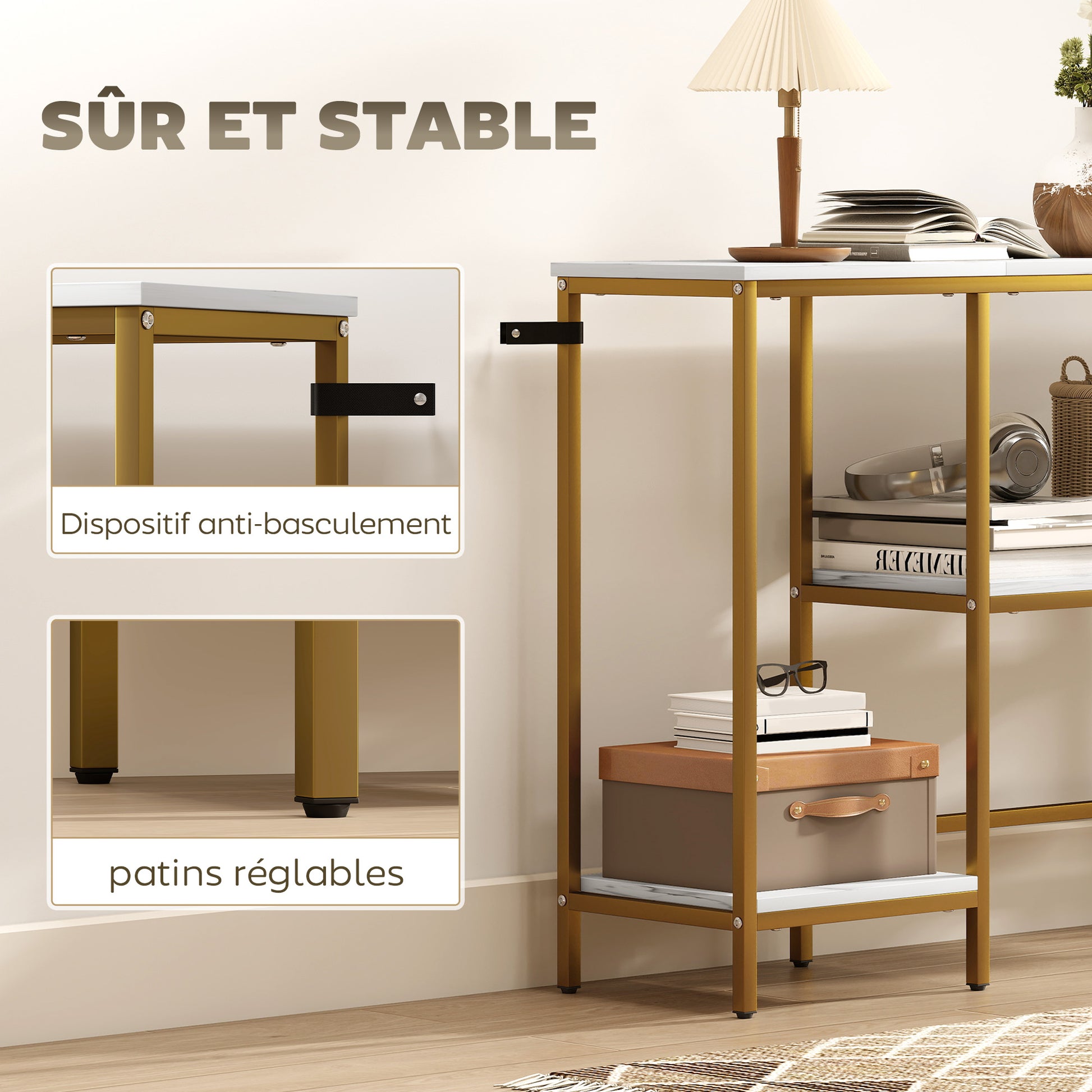 Console meuble 120 cm, table console 3 niveaux avec étagères de rangement, plateaux imitation marbre, blanc et doré
