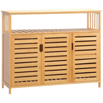 Buffet meuble de rangement 3 portes ajourées et étagères en bambou 100 x 35 x 82 cm naturel