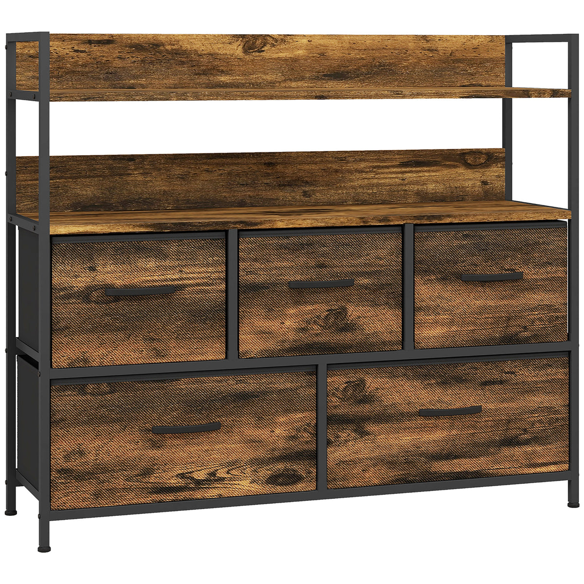Commode, meuble de rangement, 5 tiroirs en tissu pliables et amovibles et étagères, 98 x 29 x 85 cm, brun rustique