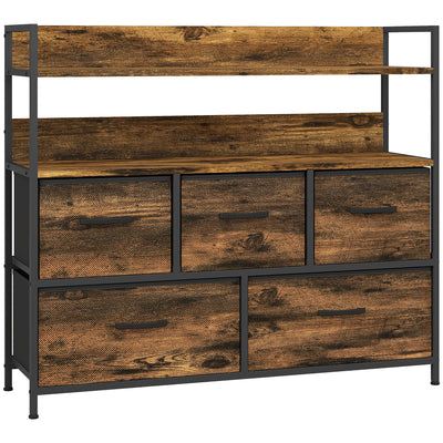 Commode, meuble de rangement, 5 tiroirs en tissu pliables et amovibles et étagères, 98 x 29 x 85 cm, brun rustique