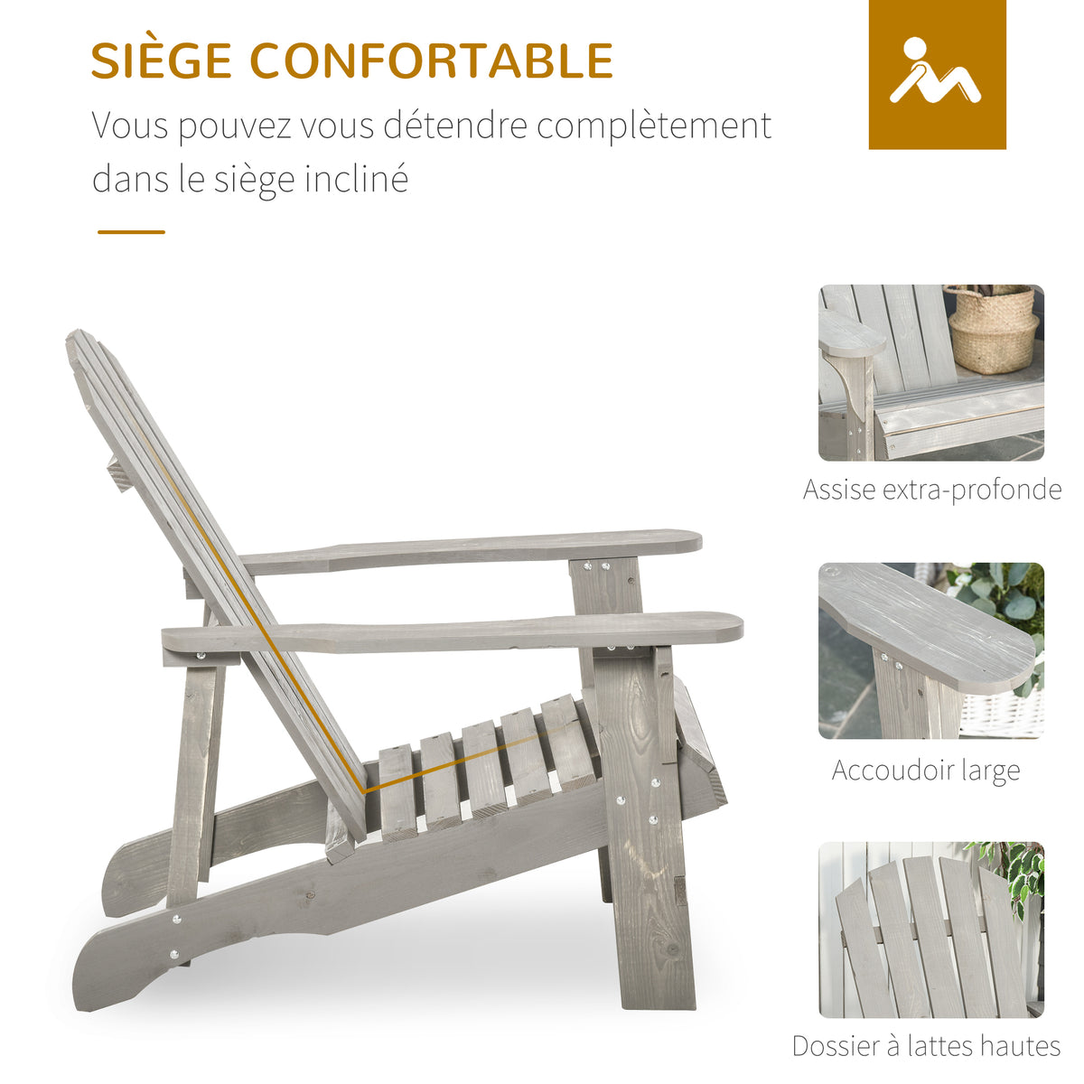 Fauteuil adirondack Fauteuil de Jardin Chaise de Jardin de Plein Air dim. 78L x 89P x 88H cm Bois Massif Sapin Aosom