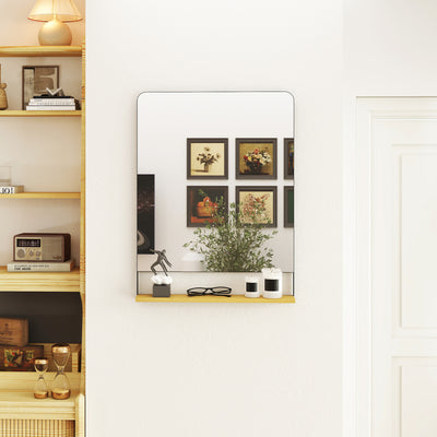 Miroir mural 80 x 60 cm avec étagère en bois, miroir rectangulaire moderne avec cadre en métal, noir