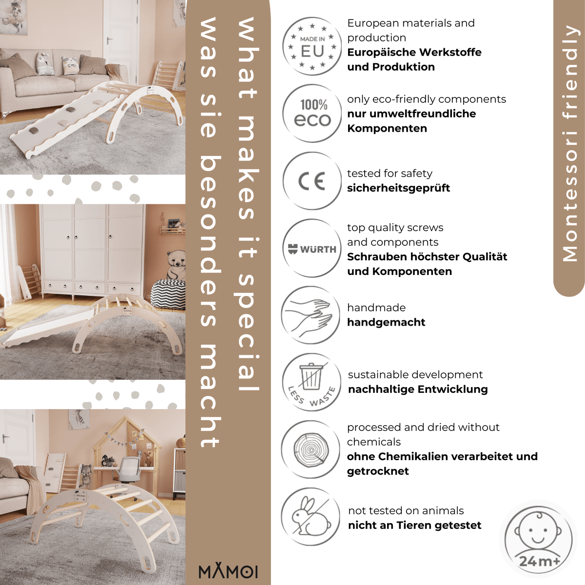 MAMOI® Arrampicata per bambini con scivolo in legno naturale, Dondolo triangolo, Altalena da casa interno, Parete arco montessori a partire da 1 anno 2/3 anni
