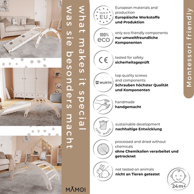 MAMOI® Arrampicata per bambini con scivolo in legno naturale, Dondolo triangolo, Altalena da casa interno, Parete arco montessori a partire da 1 anno 2/3 anni