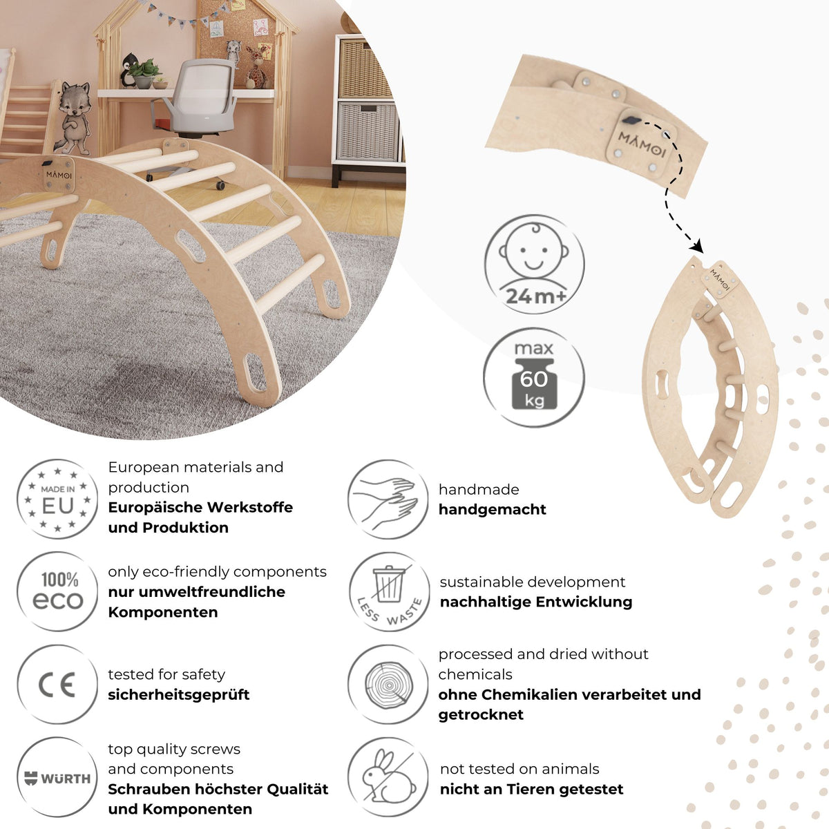 MAMOI® Indoor climbing frame for toddlers, Wooden baby gym, Play gym rocker toys made of wood for toddler, Rockers montessori climbing frame age 1-3
