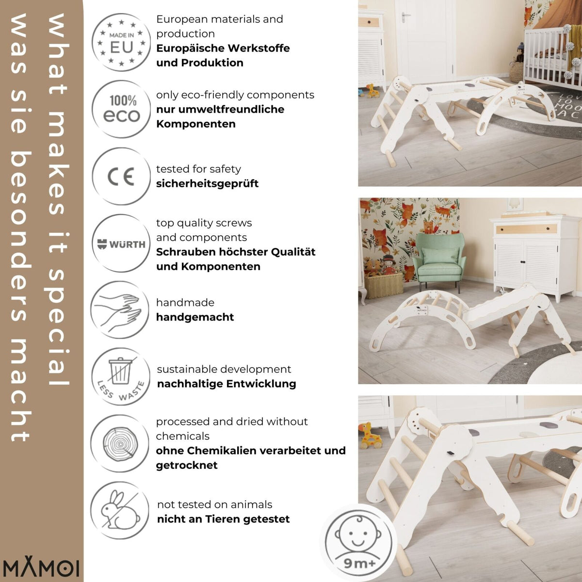MAMOI® Zestaw: trójkąt wspinaczkowy + bujak + zjeżdżalnia dla dzieci | Rama wspinaczkowa i zjeżdżalnia dziecięca minimalistyczny design | Trójkąt wspinaczkowy dla małych dzieci ze zjeżdżalnią Yarnwood 100% ECO | Wyprodukowano w UE