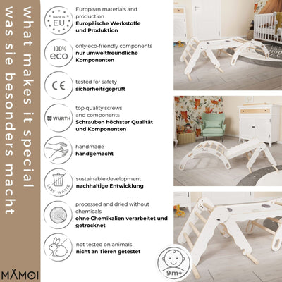 MAMOI® Zestaw: trójkąt wspinaczkowy + bujak + zjeżdżalnia dla dzieci | Rama wspinaczkowa i zjeżdżalnia dziecięca minimalistyczny design | Trójkąt wspinaczkowy dla małych dzieci ze zjeżdżalnią Yarnwood 100% ECO | Wyprodukowano w UE