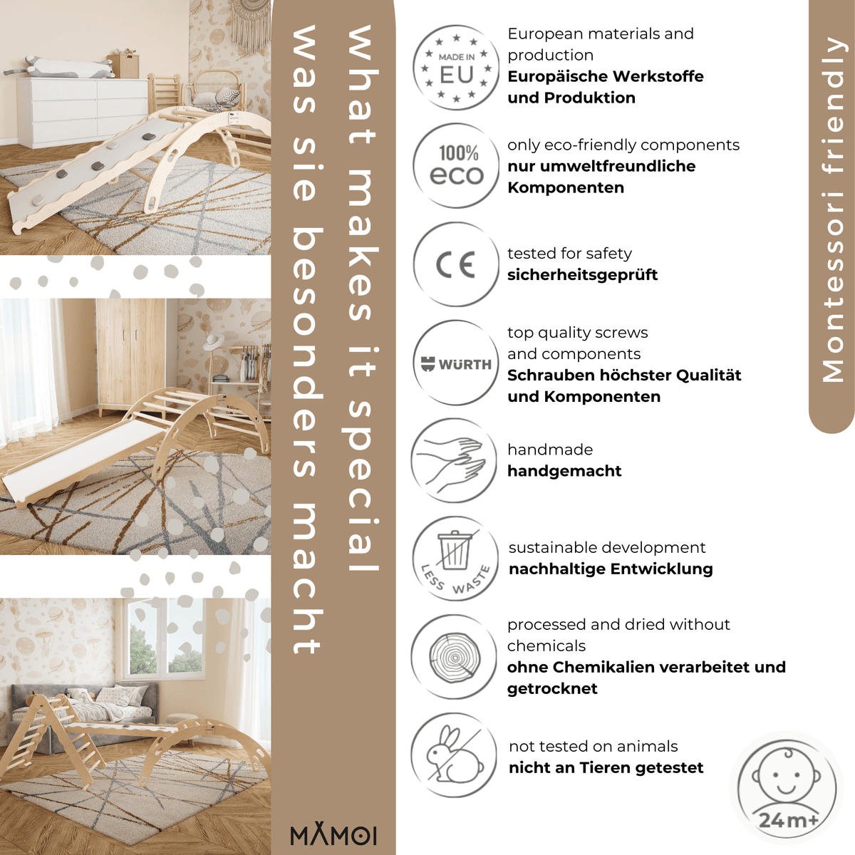 MAMOI® Bujak drewniany dla dzieci ze zjeżdżalnią | Drewniana kołyska Drewniana drabinka do bujania z naturalnego drewna | Wielofunkcyjny bujak montessori Wspinaczka dla dzieci | CE | 100% ECO | Wyprodukowano w UE