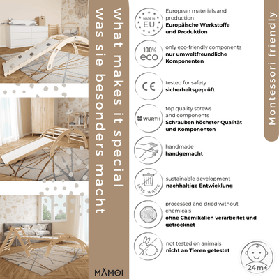 MAMOI® Bujak drewniany dla dzieci ze zjeżdżalnią | Drewniana kołyska Drewniana drabinka do bujania z naturalnego drewna | Wielofunkcyjny bujak montessori Wspinaczka dla dzieci | CE | 100% ECO | Wyprodukowano w UE