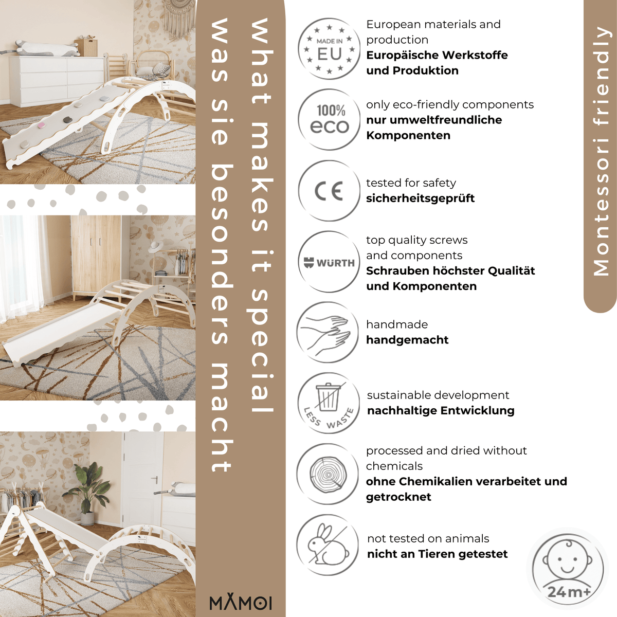 MAMOI® Bujak drewniany dla dzieci ze zjeżdżalnią | Drewniana kołyska Drewniana drabinka do bujania z naturalnego drewna | Wielofunkcyjny bujak montessori Wspinaczka dla dzieci | CE | 100% ECO | Wyprodukowano w UE