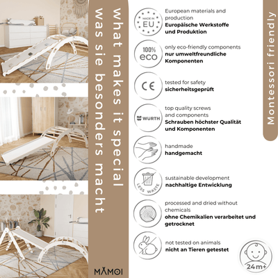 MAMOI® Bujak drewniany dla dzieci ze zjeżdżalnią | Drewniana kołyska Drewniana drabinka do bujania z naturalnego drewna | Wielofunkcyjny bujak montessori Wspinaczka dla dzieci | CE | 100% ECO | Wyprodukowano w UE