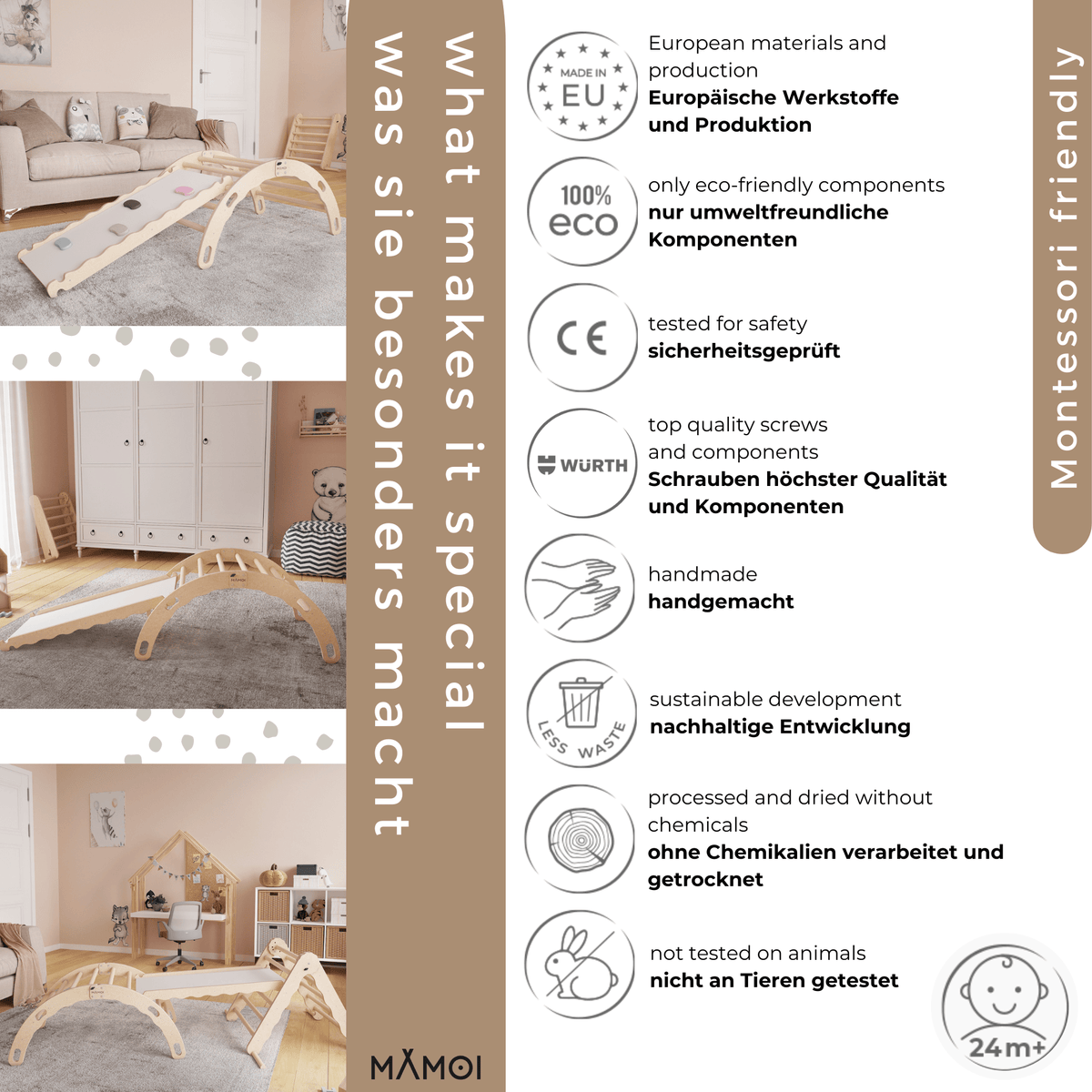 MAMOI® Bujak drewniany dla dzieci ze zjeżdżalnią | Drewniana kołyska Drewniana drabinka do bujania z naturalnego drewna | Wielofunkcyjny bujak montessori Wspinaczka dla dzieci | CE | 100% ECO | Wyprodukowano w UE