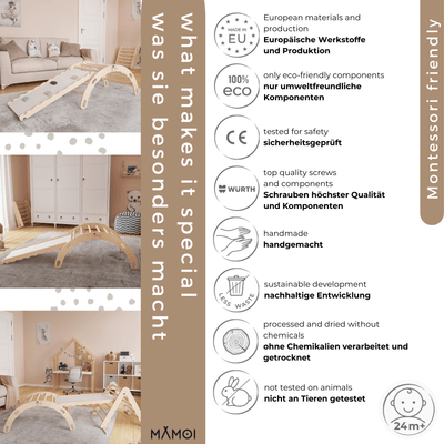 MAMOI® Bujak drewniany dla dzieci ze zjeżdżalnią | Drewniana kołyska Drewniana drabinka do bujania z naturalnego drewna | Wielofunkcyjny bujak montessori Wspinaczka dla dzieci | CE | 100% ECO | Wyprodukowano w UE