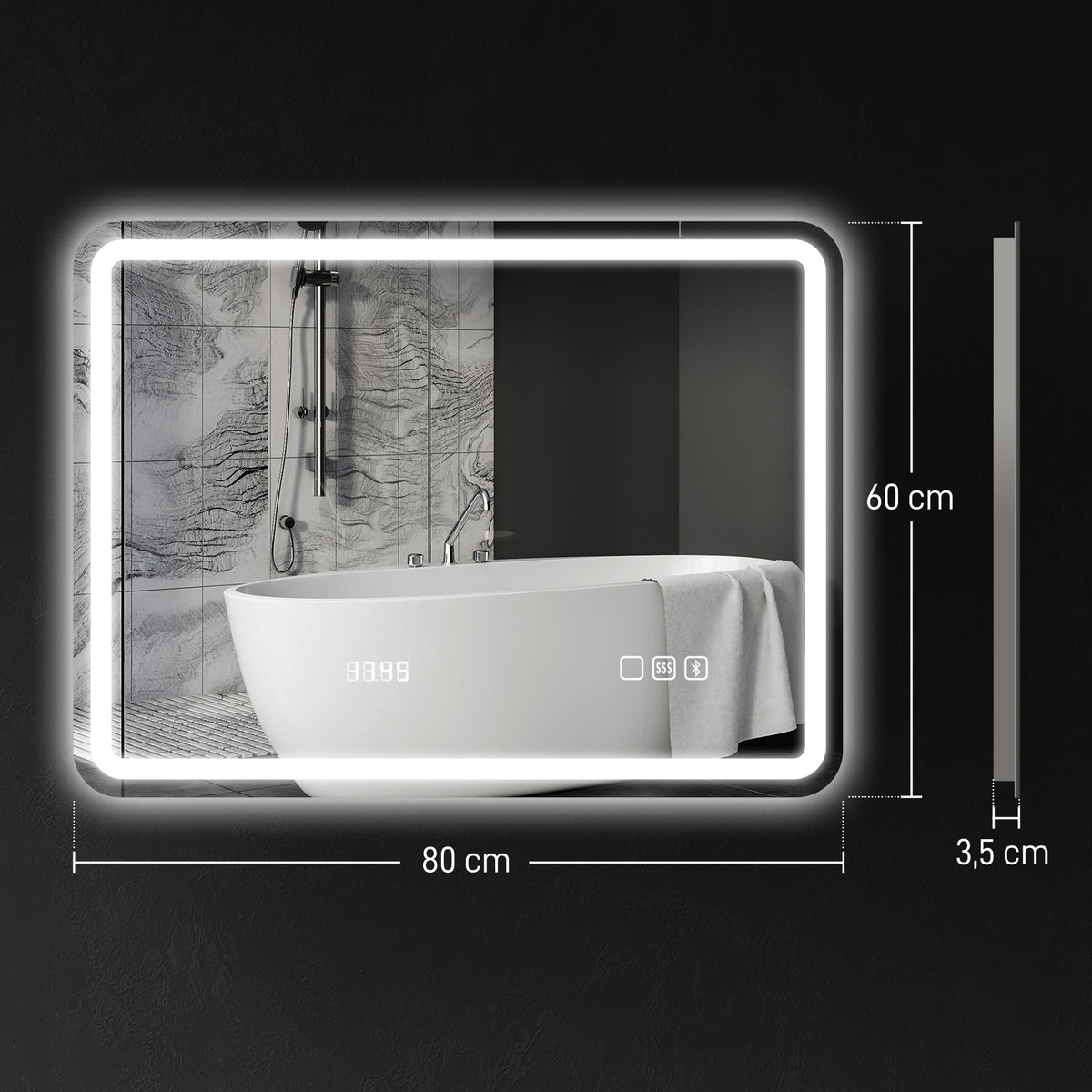 Miroir salle de bain Bluetooth avec éclairage LED 60 x 80 cm, miroir lumineux mural avec horloge, antibuée, argenté