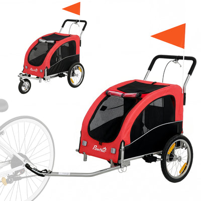 Remorque Vélo Chien 2-en-1 pour Chien Moyen avec Suspension, Pneus à Dégagement Rapide, Réflecteurs, 160x71x101cm, Rouge