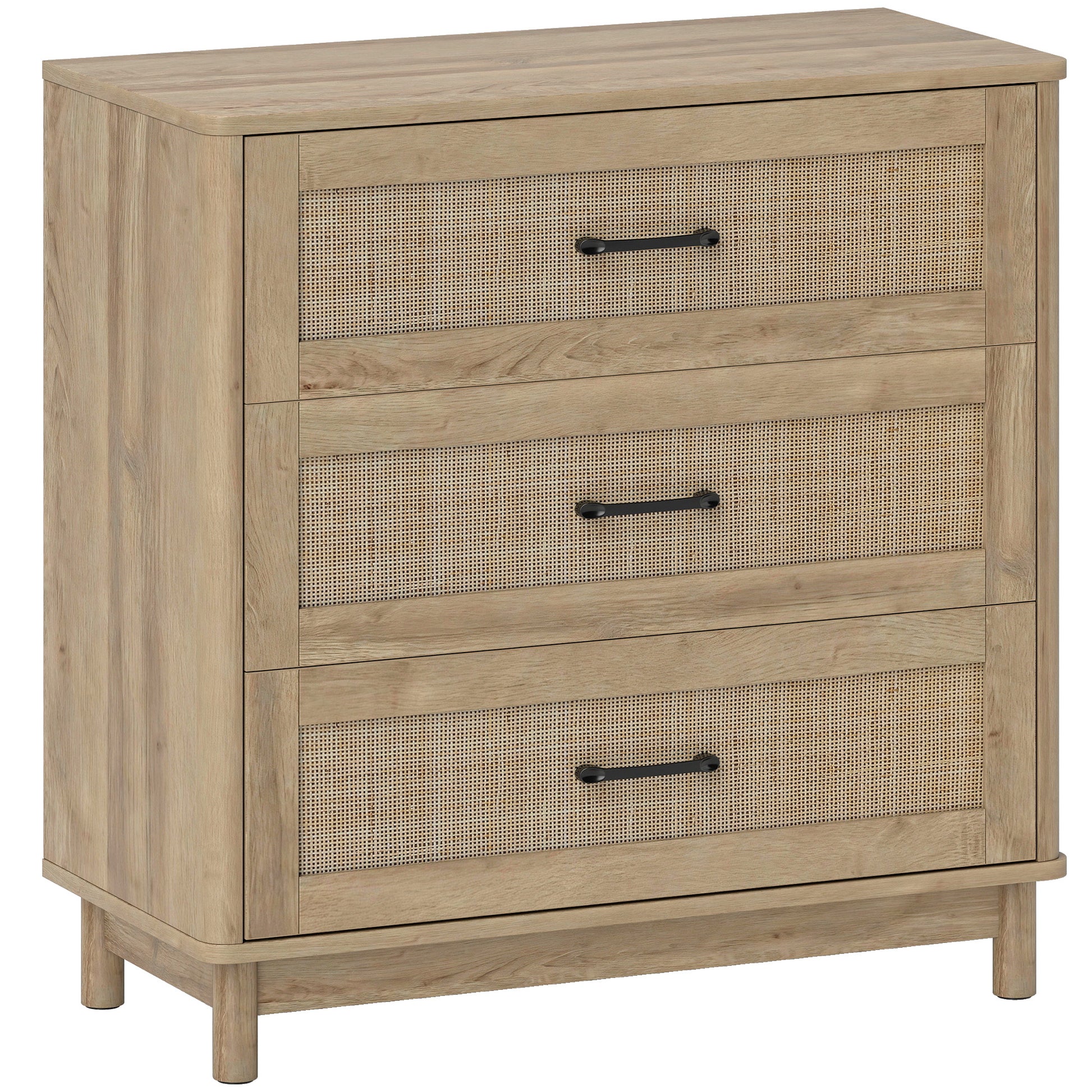 Commode 3 Tiroirs en Rotin, Meuble de Rangement, Chiffonnier, Pieds en Bois Massif, Style Bohème, 76x35x76cm, Chêne