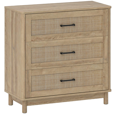 Commode 3 Tiroirs en Rotin, Meuble de Rangement, Chiffonnier, Pieds en Bois Massif, Style Bohème, 76x35x76cm, Chêne