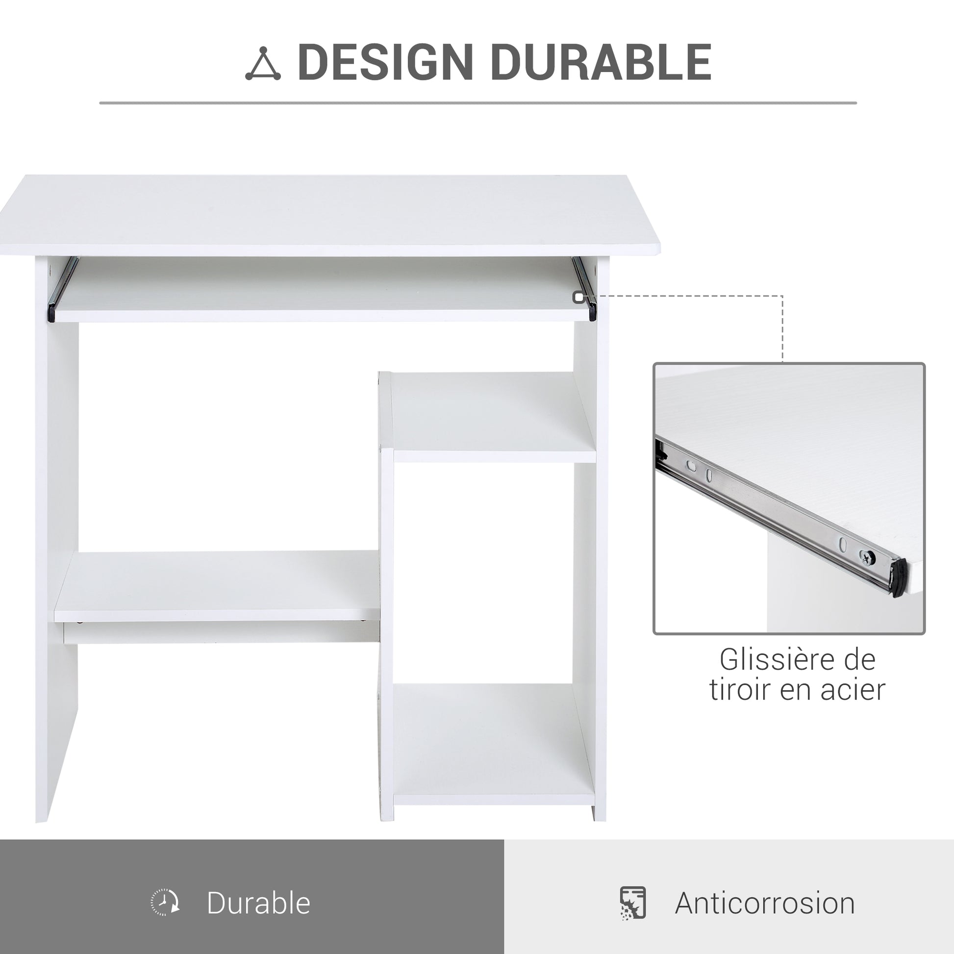 Bureau d'ordinateur, bureau avec rangement, plateau pour clavier et support de moniteur, 80 x 45 x 75 cm, blanc