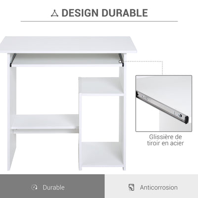 Bureau d'ordinateur, bureau avec rangement, plateau pour clavier et support de moniteur, 80 x 45 x 75 cm, blanc