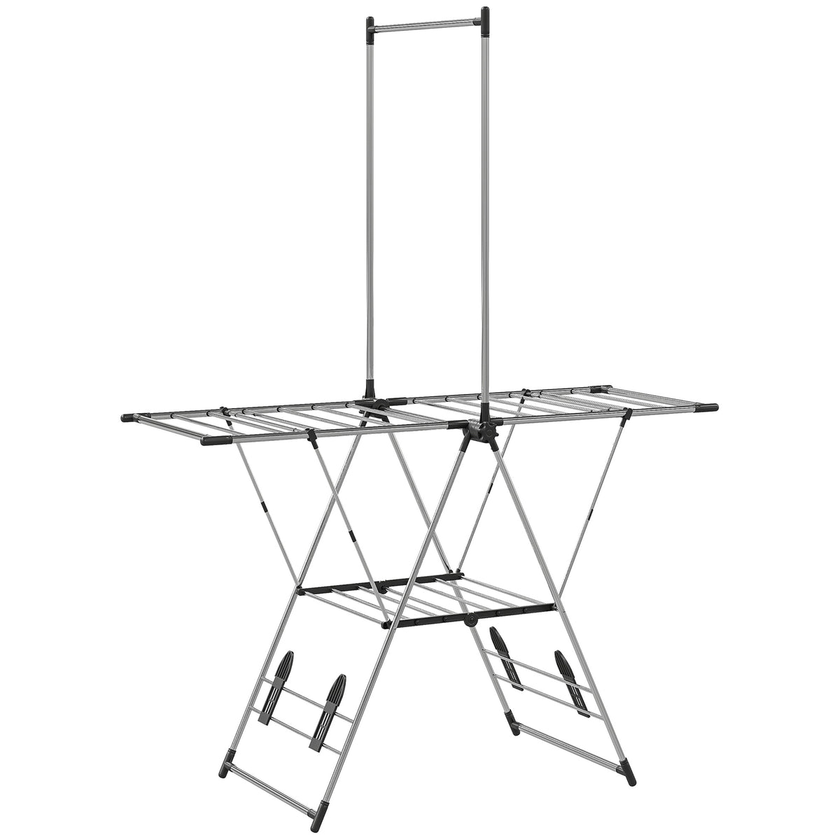 Séchoir à linge étendoir pliable, ailes réglables 5 niveaux, 4 supports à chaussures, acier inoxydable, argenté