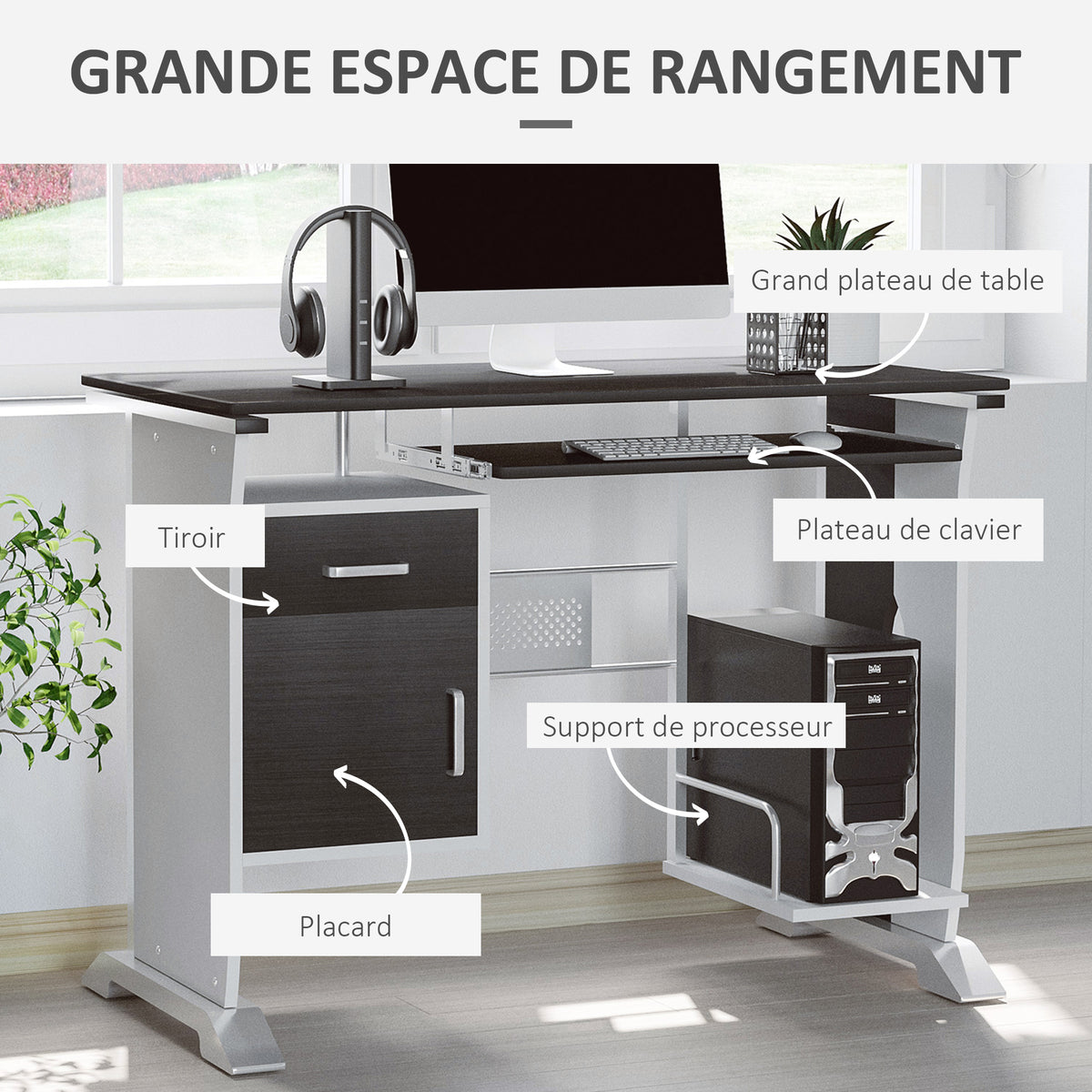 Bureau d'ordinateur, 100 x 52 x 75 cm, bureau avec tablette coulissante pour clavier, tiroirs et support d'unité centrale, table informatique pour étudier noyer foncé et blanc