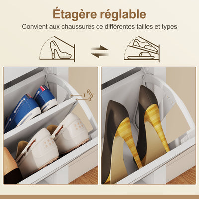 Meuble à chaussures 21 paires bohème avec 3 tiroirs rabattables, portes effet cannage rotin, 80 x 24 x 131 cm, blanc