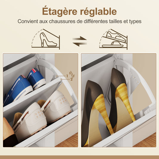 Meuble à chaussures 21 paires bohème avec 3 tiroirs rabattables, portes effet cannage rotin, 80 x 24 x 131 cm, blanc