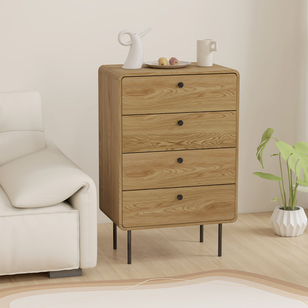 Commode 4 tiroirs, meuble de rangement étroit avec pieds en acier, coins arrondis, 60 x 39 x 91,5 cm, chêne