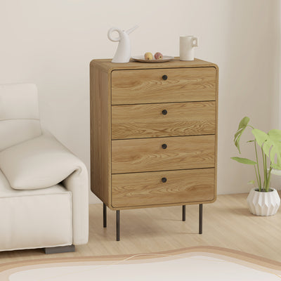Commode 4 tiroirs, meuble de rangement étroit avec pieds en acier, coins arrondis, 60 x 39 x 91,5 cm, chêne