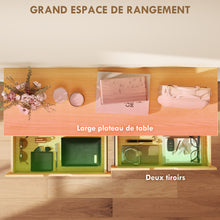 Console meuble 110 cm, table console étroite avec 2 tiroirs, cadre en métal et design sans poignées, bois naturel