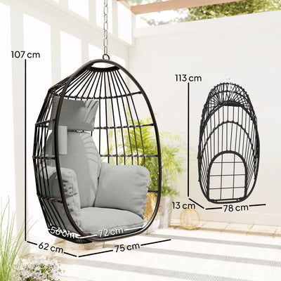Fauteuil suspendu, fauteuil œuf suspendu, panier pliable, coussins rembourrés, porte-gobelet, oreiller, gris foncé