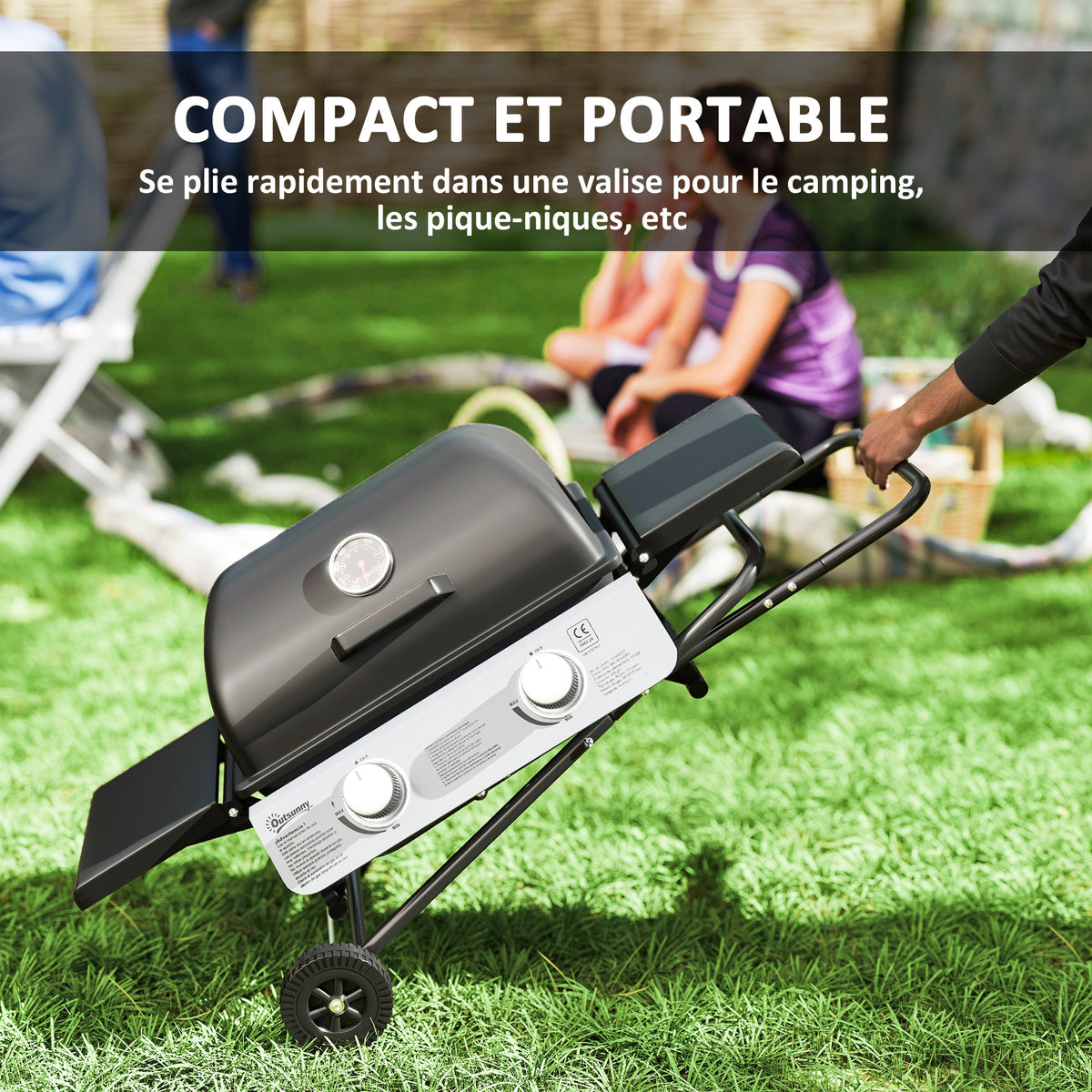 Barbecue gaz transportable, 2 brûleurs 5,6 kW, barbecue gaz de camping avec étagères latérales thermomètre et roues, noir