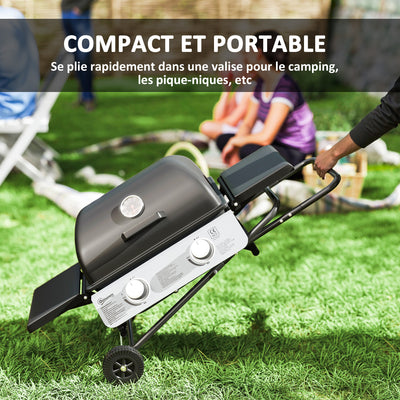 Barbecue gaz transportable, 2 brûleurs 5,6 kW, barbecue gaz de camping avec étagères latérales thermomètre et roues, noir
