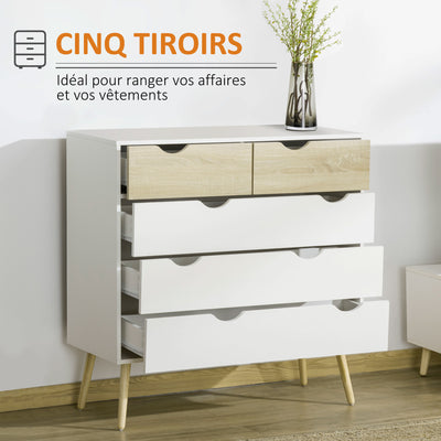 Commode 5 tiroirs Design scandinave Meuble de Rangement Chambre Panneau de Particules 99 x 39 x 101 cm Blanc Aspect chêne Clair