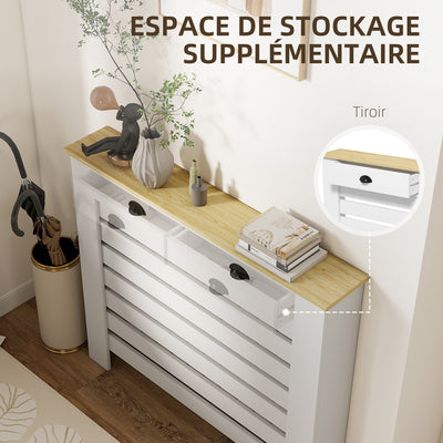 Couvercle de radiateur cache radiateur grille à lattes horizontales avec 2 tiroirs en bois 111l x 19P x 95,5H cm blanc
