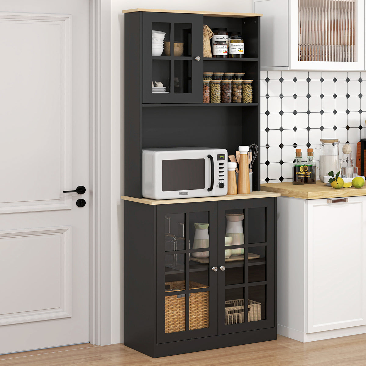 Buffet cuisine, meuble cuisine rangement haut, meuble de rangement avec plan de travail, 3 portes vitrées, 2