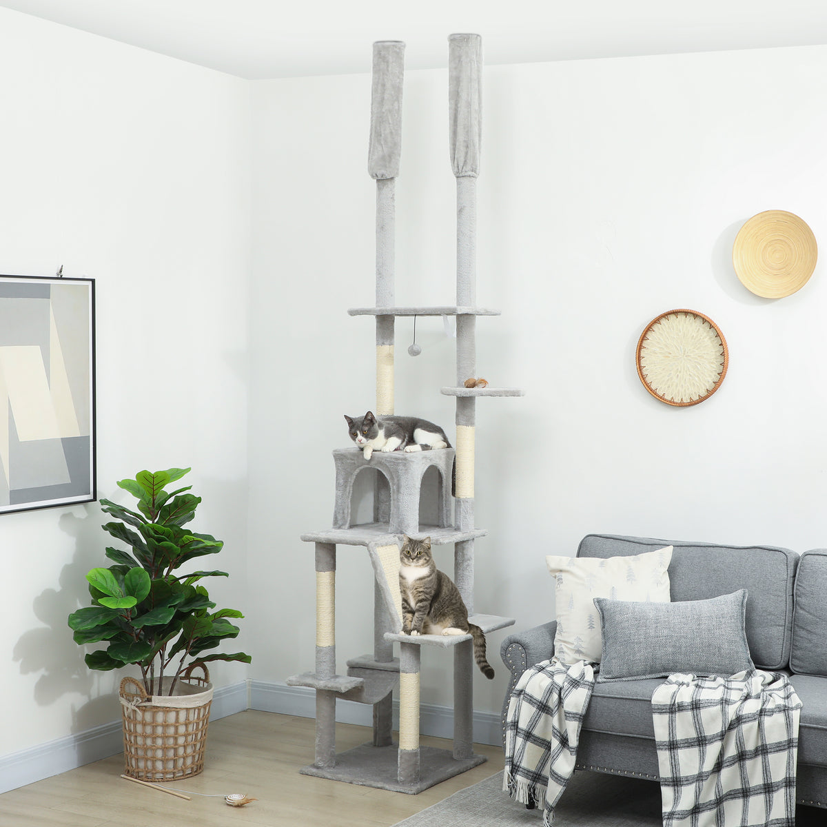 Arbre à chat du sol au plafond griffoir pour chat hauteur réglable 225-255 cm 6 niveaux avec niche hamac gris clair