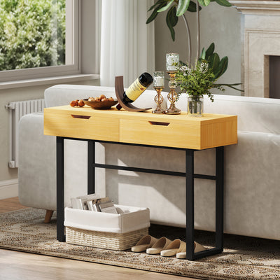 Console meuble 110 cm, table console étroite avec 2 tiroirs, cadre en métal et design sans poignées, bois naturel