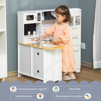 Cuisine pour Enfant 3-6 ans Jeu d'imitation Nombreux Accessoires rangements évier, robinet, four, micro-ondes, hotte, téléphone et réfrigérateur Blanc