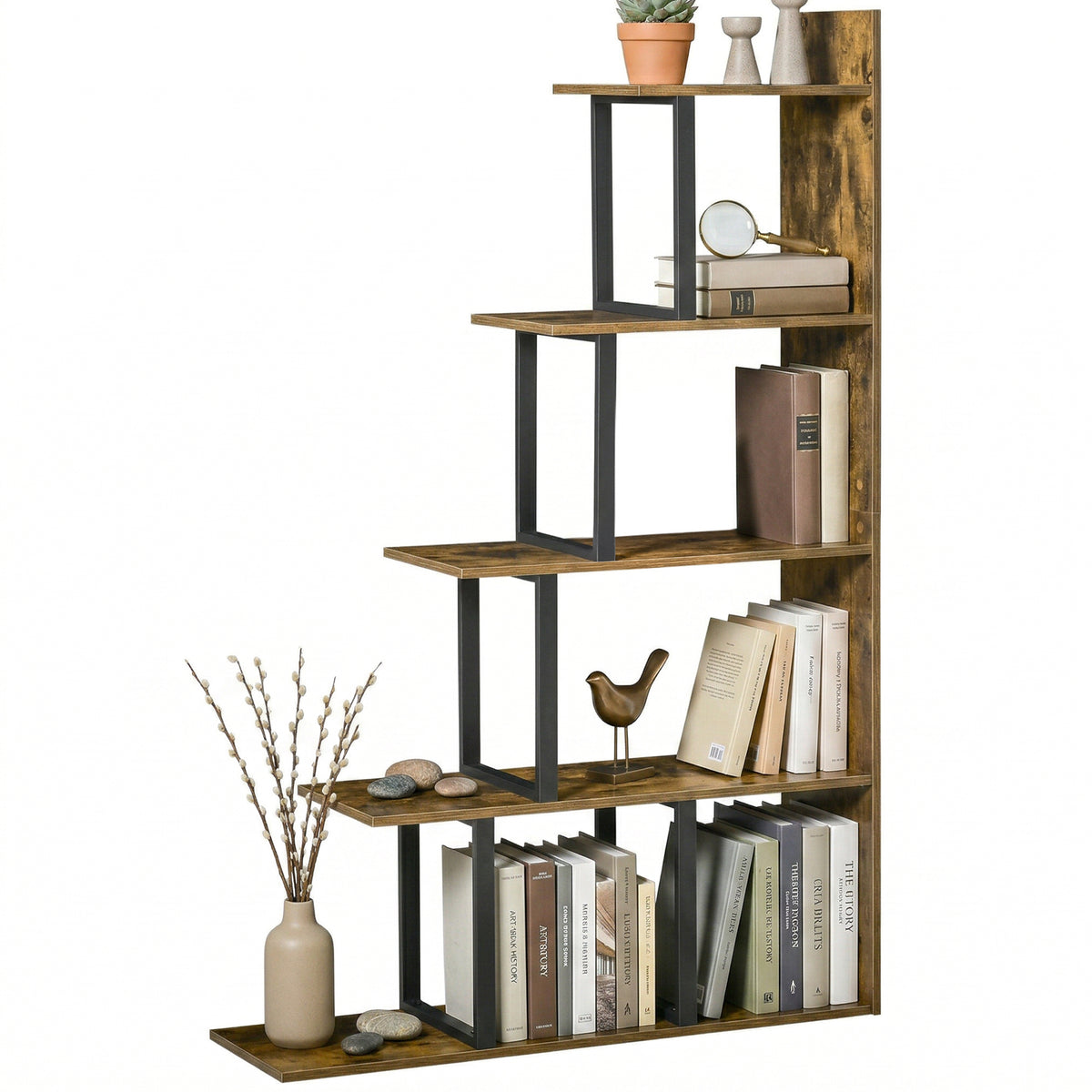 Étagère bibliothèque séparateur de pièce style industriel en escalier 5 étagères 102 x 30 x 160 cm, brun rustique